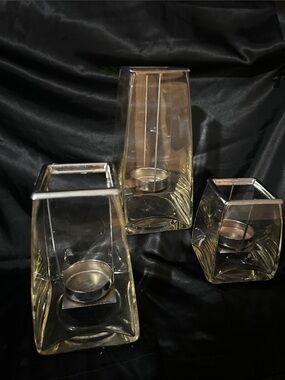 IKEA Amber Glass Tea Light Holders with Silver Trim (Set of 3)